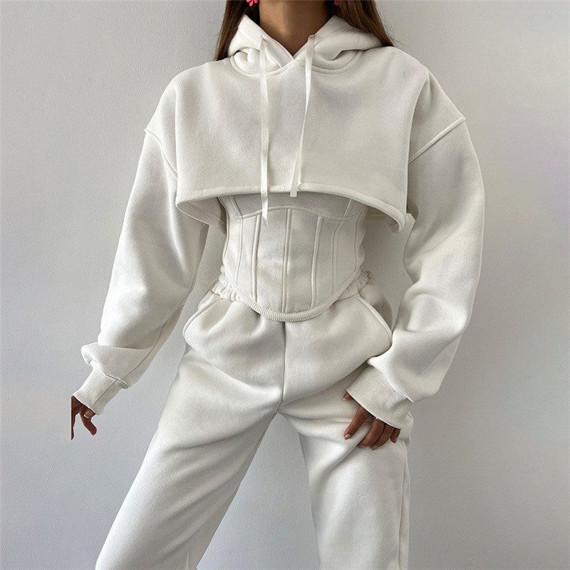 European and American style 2024 autumn and winter new womens hooded sweater blouse hanging belt small vest waist trousers three-piece set for women White - Image 1