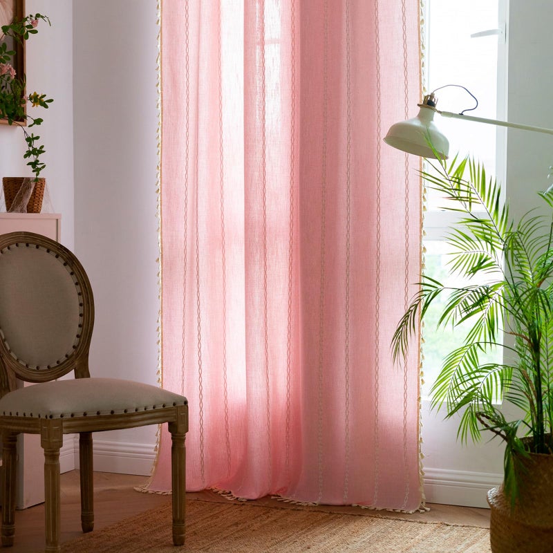 Deeprove Pink Boho Curtains 84 inches Length for Baby Girl Bedroom Nursery, Blush Bohemian 84 inches Long Embroidery Farmhouse Light Filter Privacy Style Tassel Window Treatments, W52 x L84, 1 Panel - Image 1