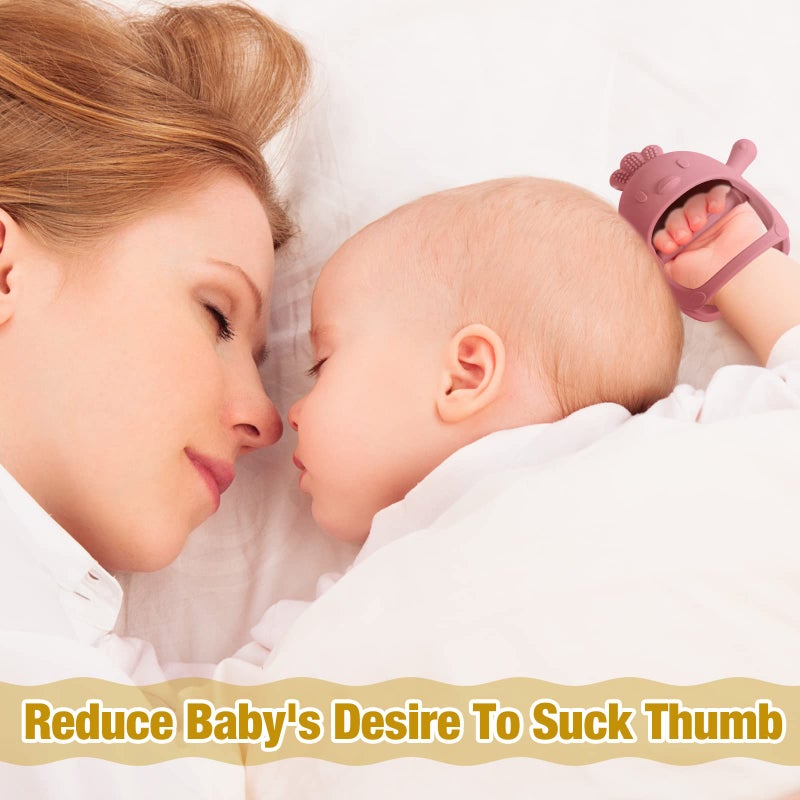 ووانجر 4 Packs Baby Teething Toy Silicone Teething Toys for Babies 0-6 Months Anti Dropping Wrist Hand Teethers Mitten Chick Baby Chew for Sucking Needs - Image 4