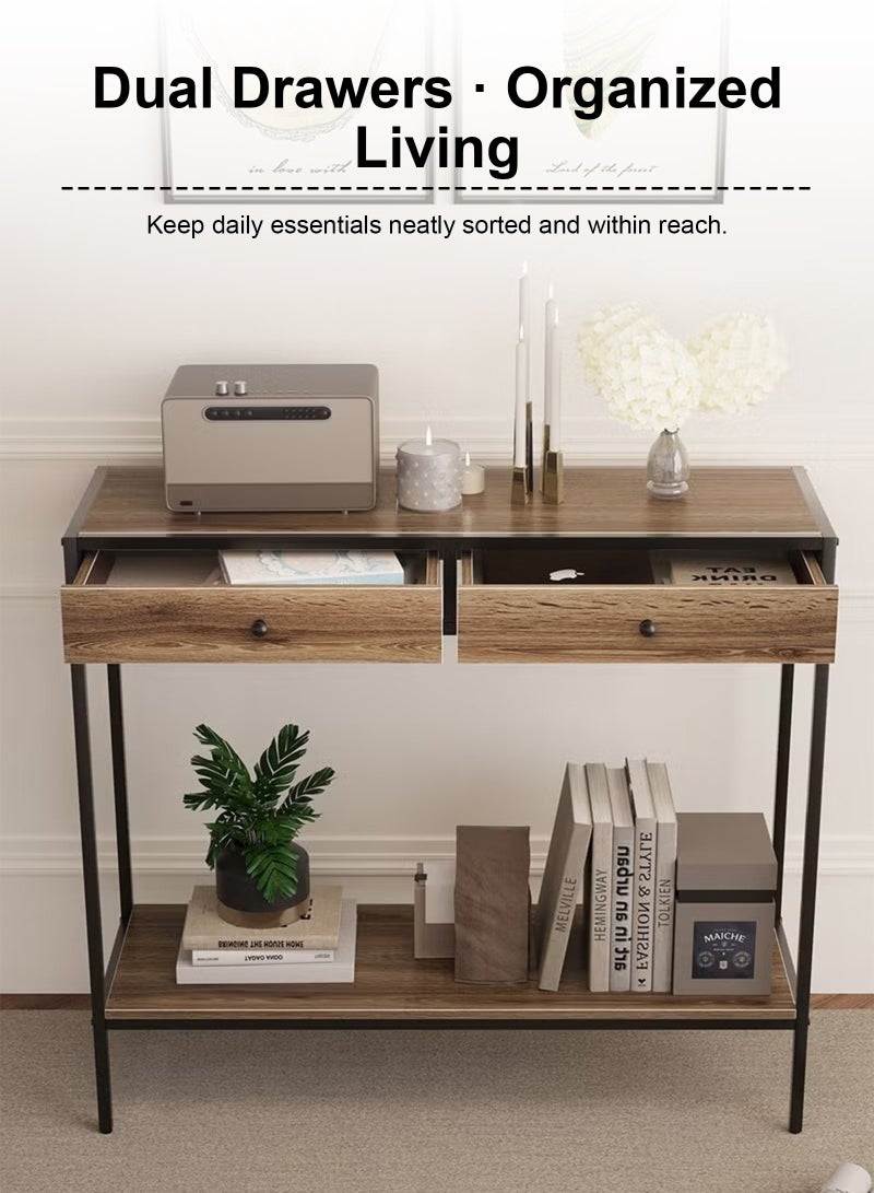 يو إل اتش واي سي طاولة وحدة تحكم من مستويين مع درجين، طاولة أريكة تخزين 100 × 33 × 90 سم للممر، غرفة المعيشة، المدخل، منظم زاوية القهوة الحديث - Image 3