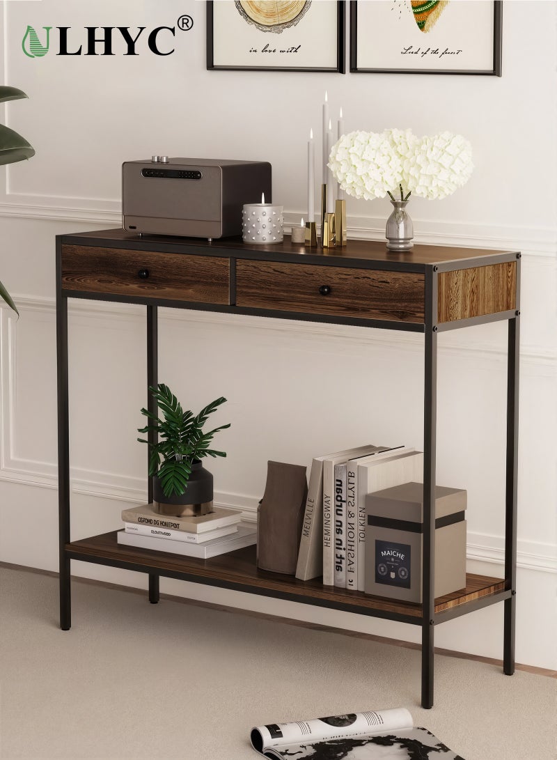 ULHYC 2-Tier Console Table with 2 Drawers, 100x33x90cm Storage Sofa Table for Hallway, Living Room, Entryway, Modern Coffee Corner Organizer - Image 1