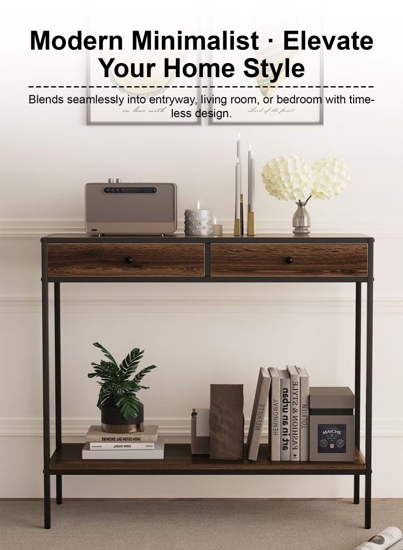 ULHYC 2-Tier Console Table with 2 Drawers, 100x33x90cm Storage Sofa Table for Hallway, Living Room, Entryway, Modern Coffee Corner Organizer - Image 2