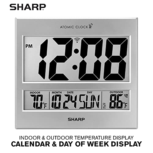 Sharp Atomic Clock - Atomic Accuracy - Never Needs Setting! -Silver Tech Style - Jumbo 3" Easy to Read Numbers - Indoor/Outdoor Temperature Display with Wireless Outdoor Sensor - Easy Set-Up! - Image 2