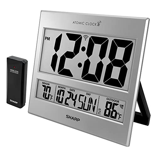 Sharp Atomic Clock - Atomic Accuracy - Never Needs Setting! -Silver Tech Style - Jumbo 3" Easy to Read Numbers - Indoor/Outdoor Temperature Display with Wireless Outdoor Sensor - Easy Set-Up! - Image 1