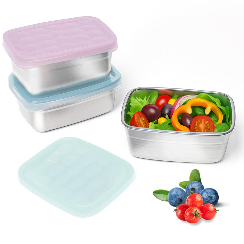 Tanjiae 3-Pack Stainless Steel Snack Containers for Kids & Toddlers - 550ml (18oz) Leakproof Reusable Food Containers with LFGB Certified Lids | Stackable Metal Lunch Box for Daycare, School, Travel - Image 1