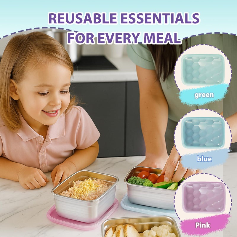 Tanjiae 3-Pack Stainless Steel Snack Containers for Kids & Toddlers - 550ml (18oz) Leakproof Reusable Food Containers with LFGB Certified Lids | Stackable Metal Lunch Box for Daycare, School, Travel - Image 2