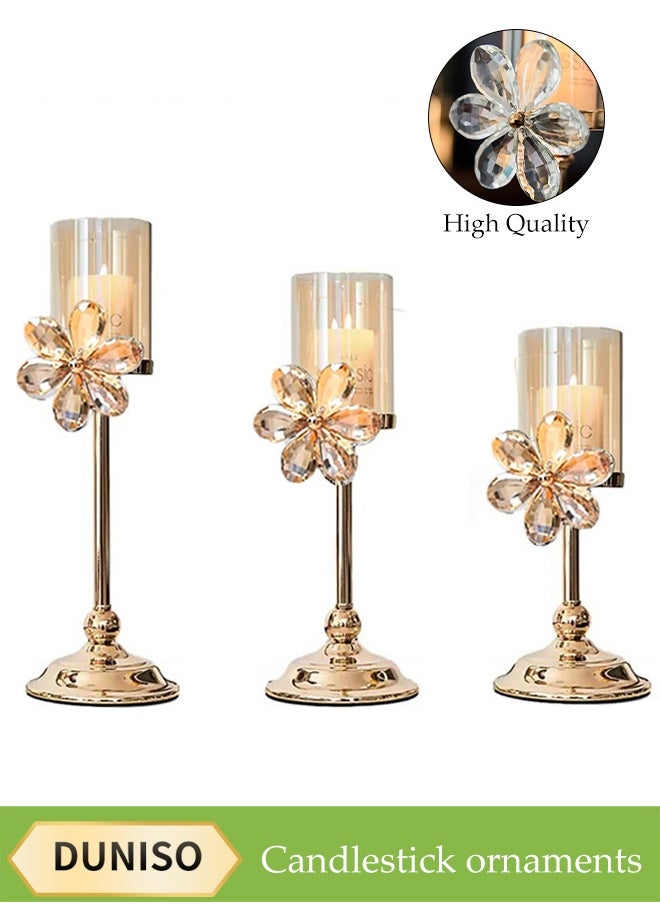 DUNISO 3-Piece Set, Clear Glass Candle Holder Plus Candle With Crystal Petals, Elegant Design, Suitable For Pillar Taper Candles And Tea Lights, Home Decor For Family Dining Table Living Room Wedding Party Decoration  - Image 1