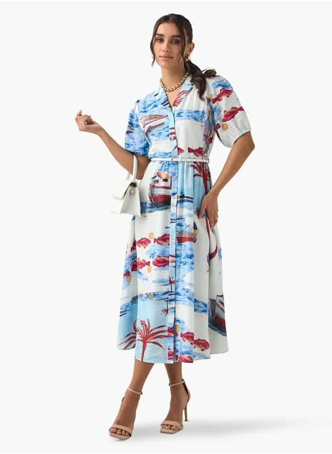 تواكستريمز 2Xtremz All-Over Print Shirt Dress with Notch Collar and Puff Sleeves