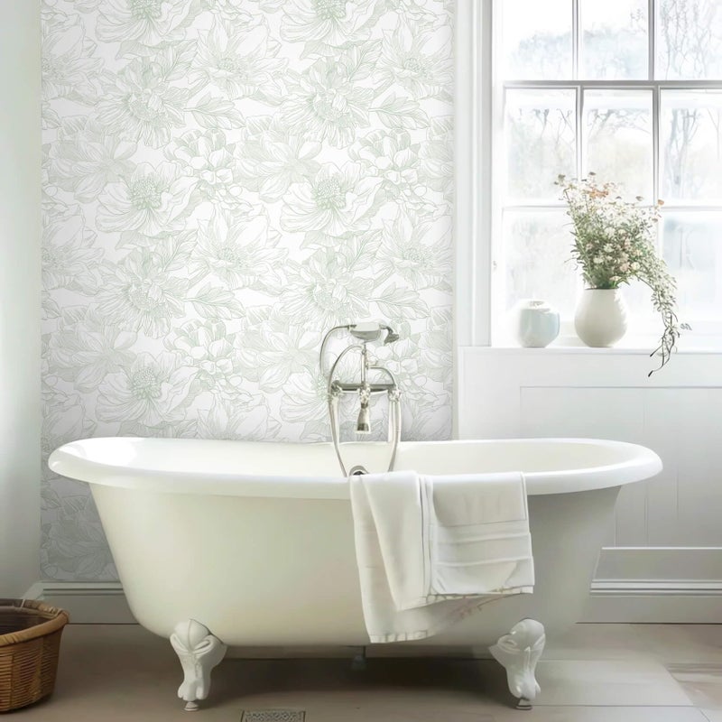 Ismoon Large Floral Peel and Stick Wallpaper Boho White and Green Contact Paper 17.3inx6.5ft Modern Wall Paper Removable Self Adhesive Vinyl Wallpaper for Bedroom Cabinet Bathroom Mural Wall Decor - Image 5