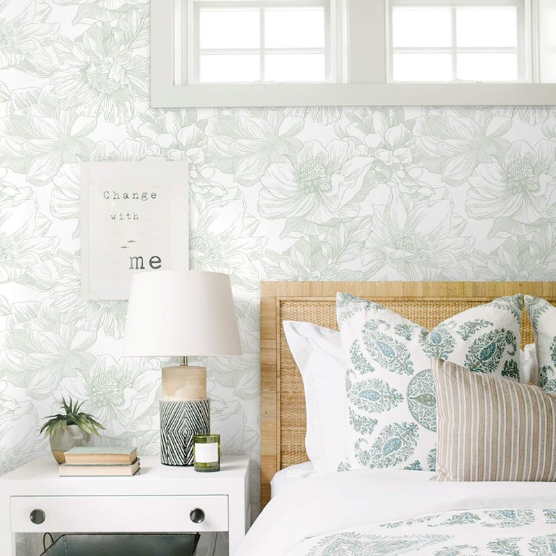 Ismoon Large Floral Peel and Stick Wallpaper Boho White and Green Contact Paper 17.3inx6.5ft Modern Wall Paper Removable Self Adhesive Vinyl Wallpaper for Bedroom Cabinet Bathroom Mural Wall Decor - Image 2