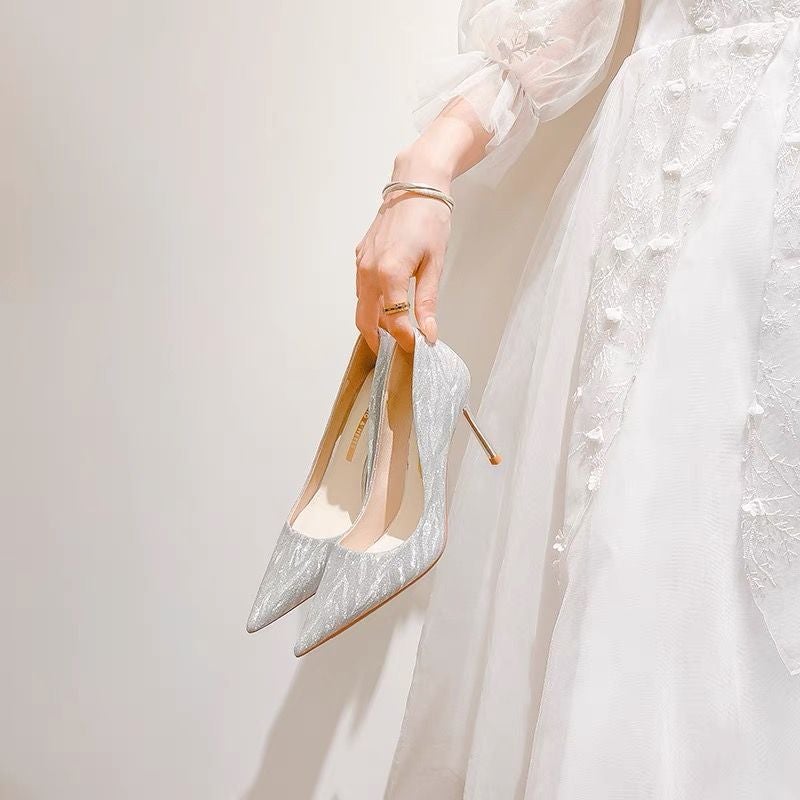 أحذية زفاف جديدة 2024 بكعب عالٍ وقدم مدببة، تناسب جميع الأزياء، مناسبة للمناسبات الاجتماعية، تصميم أنيق، كعب رفيع، أحذية فرنسية فردية - Image 1