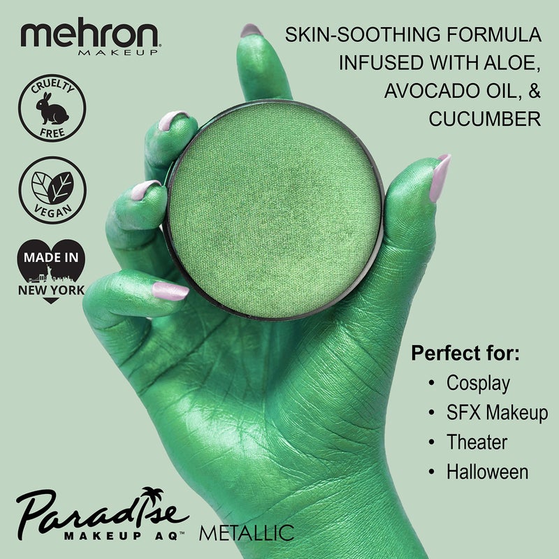Mehron Paradise FX Metallics â€“ Metallic Green 1.4 oz | Professional Water Activated Shimmering Metallic Paint for Raves, Costumes, Special Effects, Halloween, Stage, Screen, Theater & Cosplay FX - Image 2