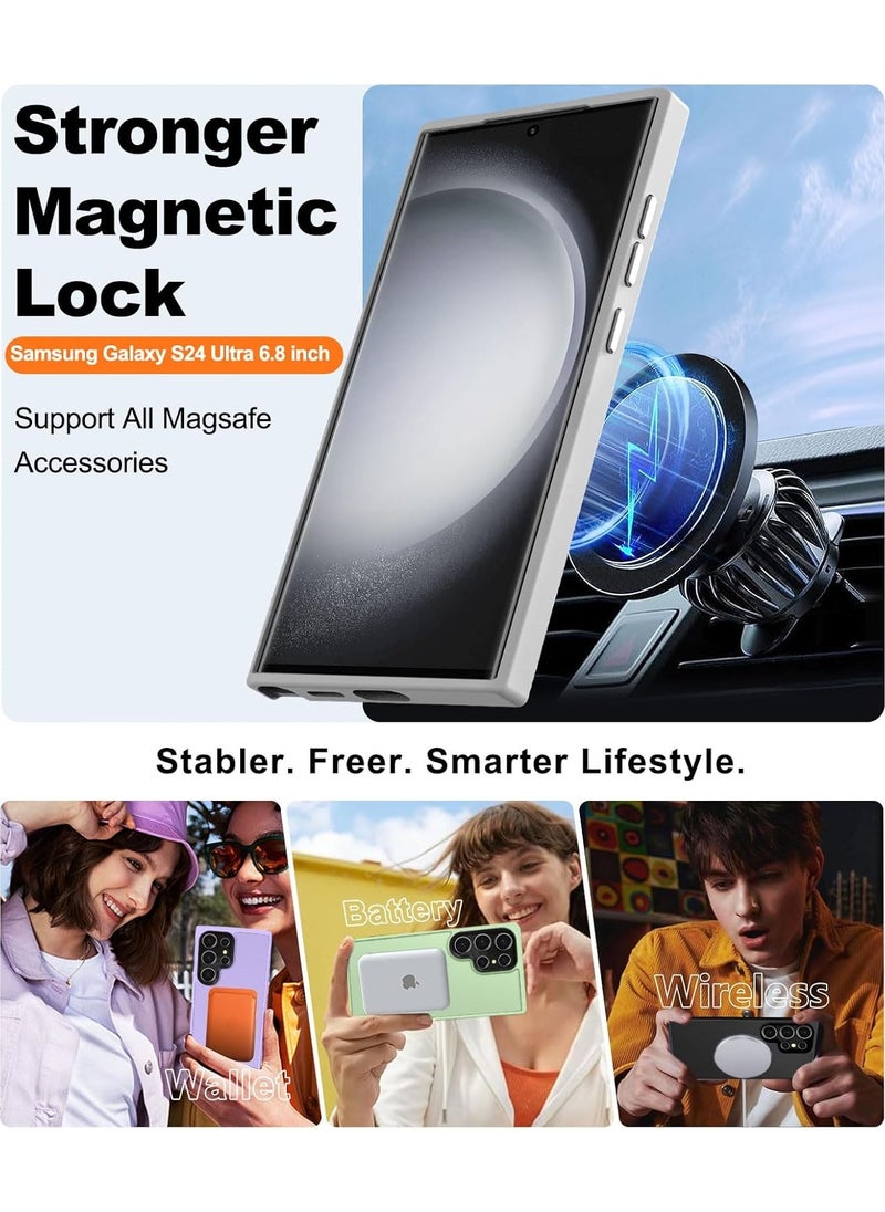 حافظة مغناطيسية لهاتف سامسونج جالاكسي S24 الترا متوافقة مع حافظة MagSafe ذات الحماية العسكرية ومضادة للصدمات وشفافة غير لامعة ومضادة للخدش ومضادة للصدمات (تيتانيوم)