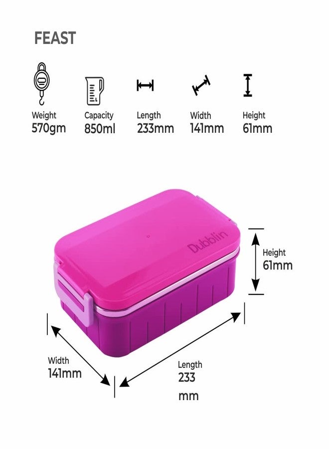 DUBBLIN Feast Stainless Steel Lunch Box Insulated Airtight Spill Proof with Spoon, sabzi Container Inside, 850 ml, Pink - Image 2