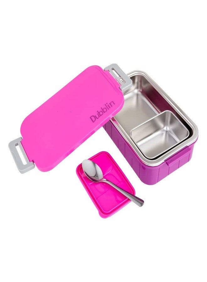 DUBBLIN Feast Stainless Steel Lunch Box Insulated Airtight Spill Proof with Spoon, sabzi Container Inside, 850 ml, Pink - Image 4