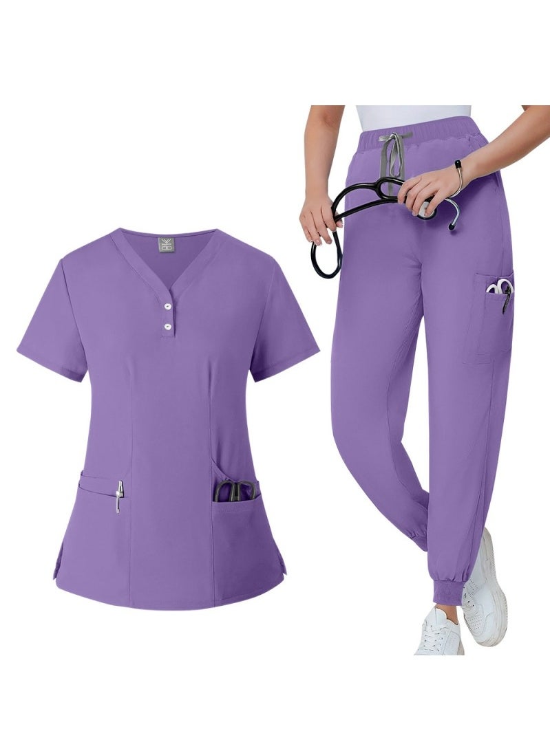 Loquat Solid Color Medical Uniform Scrubs 2 Piece Set V-Neck Top and Jogger Pants Suit Light Purple  - Image 1