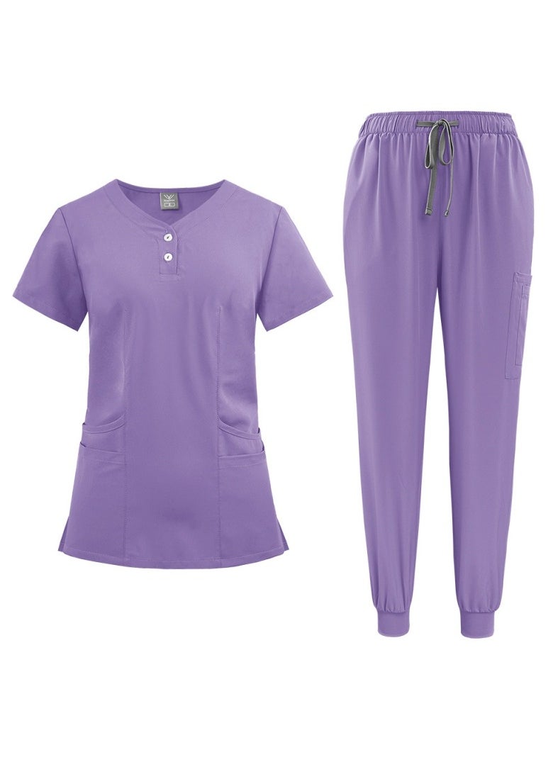 Loquat Solid Color Medical Uniform Scrubs 2 Piece Set V-Neck Top and Jogger Pants Suit Light Purple  - Image 2