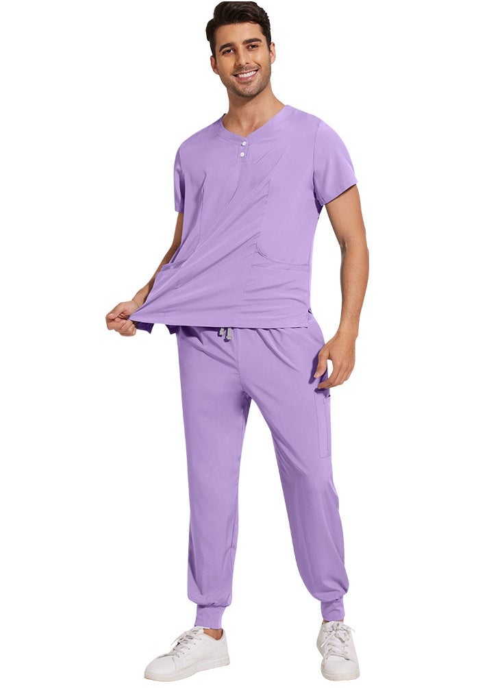 Loquat Solid Color Medical Uniform Scrubs 2 Piece Set V-Neck Top and Jogger Pants Suit Light Purple  - Image 3
