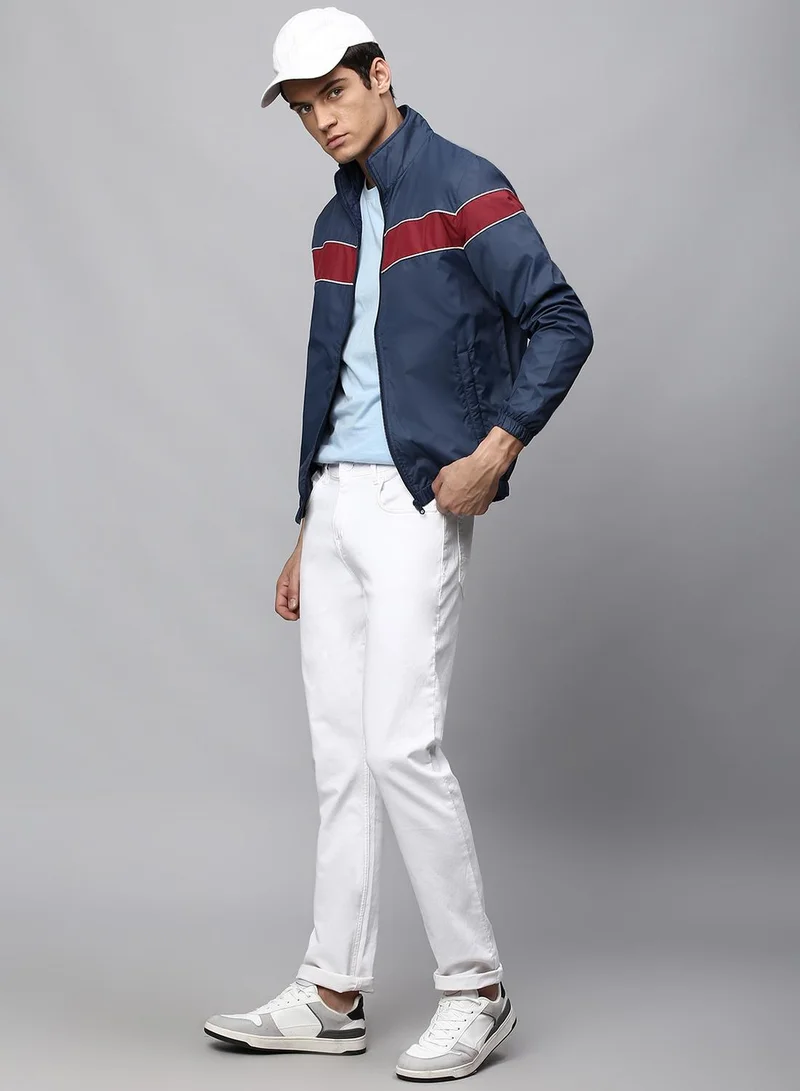 Dennis Lingo Men's Bright Navy 100% Polyester Striped Regular Fit Jacket