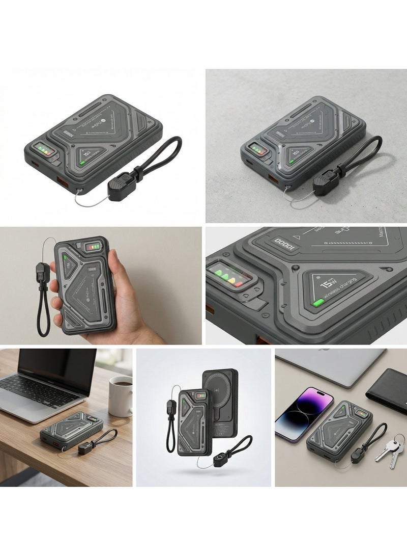 برو واحد بنك طاقة مغناطيسي بسعة 10000 مللي أمبير، شحن سريع بقوة 15 واط، شاحن لاسلكي محمول متوافق مع تقنية MagSafe، بطارية خارجية بمنفذي USB مع مؤشر LED وحماية أمان - Image 3