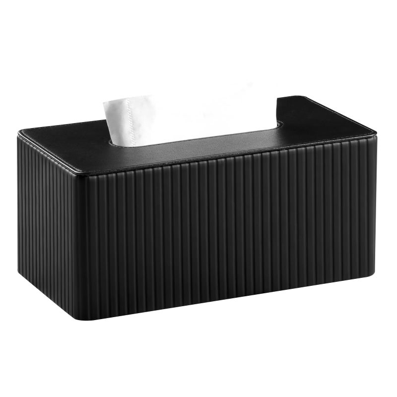 MEIBOOCH Tissue Box Cover Stylish PU Leather Rectangular Tissue Box Holder with Magnetic Bottom Cover for Bathroom Bedroom or Office Black Stria