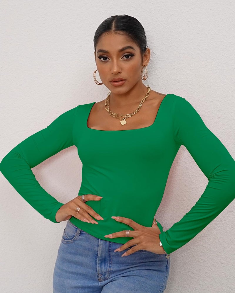 Dwnval Long Sleeve Shirts for Women - Basic Slim Fit Double Lined Square Neck Crop T Shirt(Green, S) - Image 3