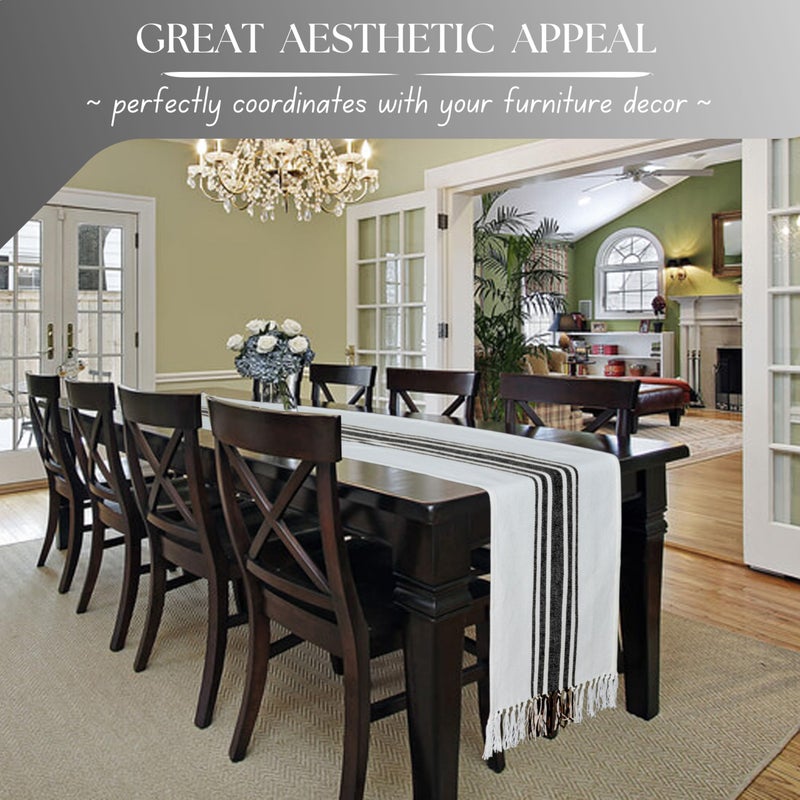 Native Fab Black Stripe Table Runner - 72 Inches Long Boho Table Covers with Fringes - 100% Cotton, Braided Weave, Non Slip Tablerunner for Dining Room, Dresser, Events, 14"x72" - Black and White - Image 4