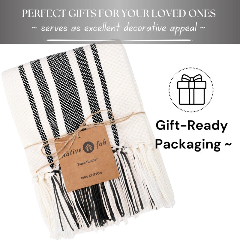 Native Fab Black Stripe Table Runner - 72 Inches Long Boho Table Covers with Fringes - 100% Cotton, Braided Weave, Non Slip Tablerunner for Dining Room, Dresser, Events, 14"x72" - Black and White - Image 3