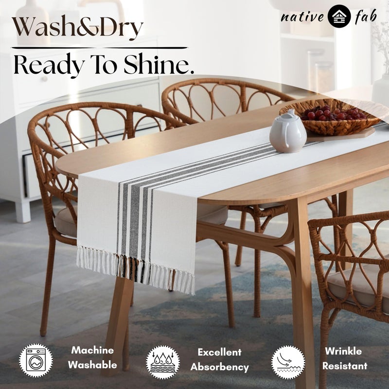 Native Fab Black Stripe Table Runner - 72 Inches Long Boho Table Covers with Fringes - 100% Cotton, Braided Weave, Non Slip Tablerunner for Dining Room, Dresser, Events, 14"x72" - Black and White - Image 2