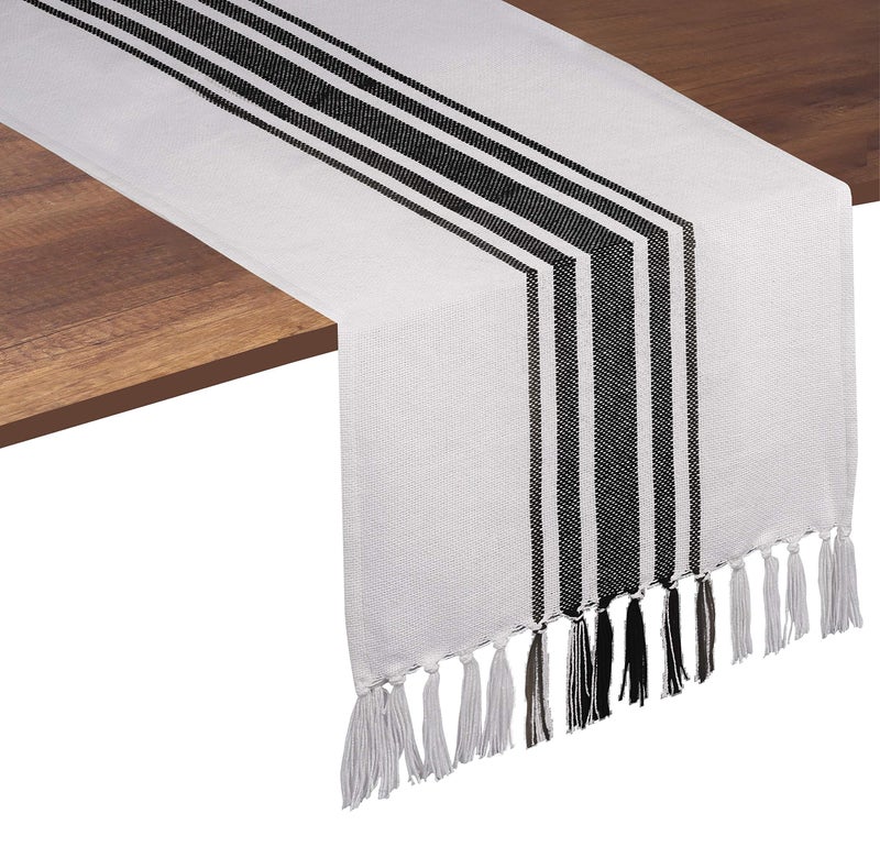 Native Fab Black Stripe Table Runner - 72 Inches Long Boho Table Covers with Fringes - 100% Cotton, Braided Weave, Non Slip Tablerunner for Dining Room, Dresser, Events, 14"x72" - Black and White - Image 1
