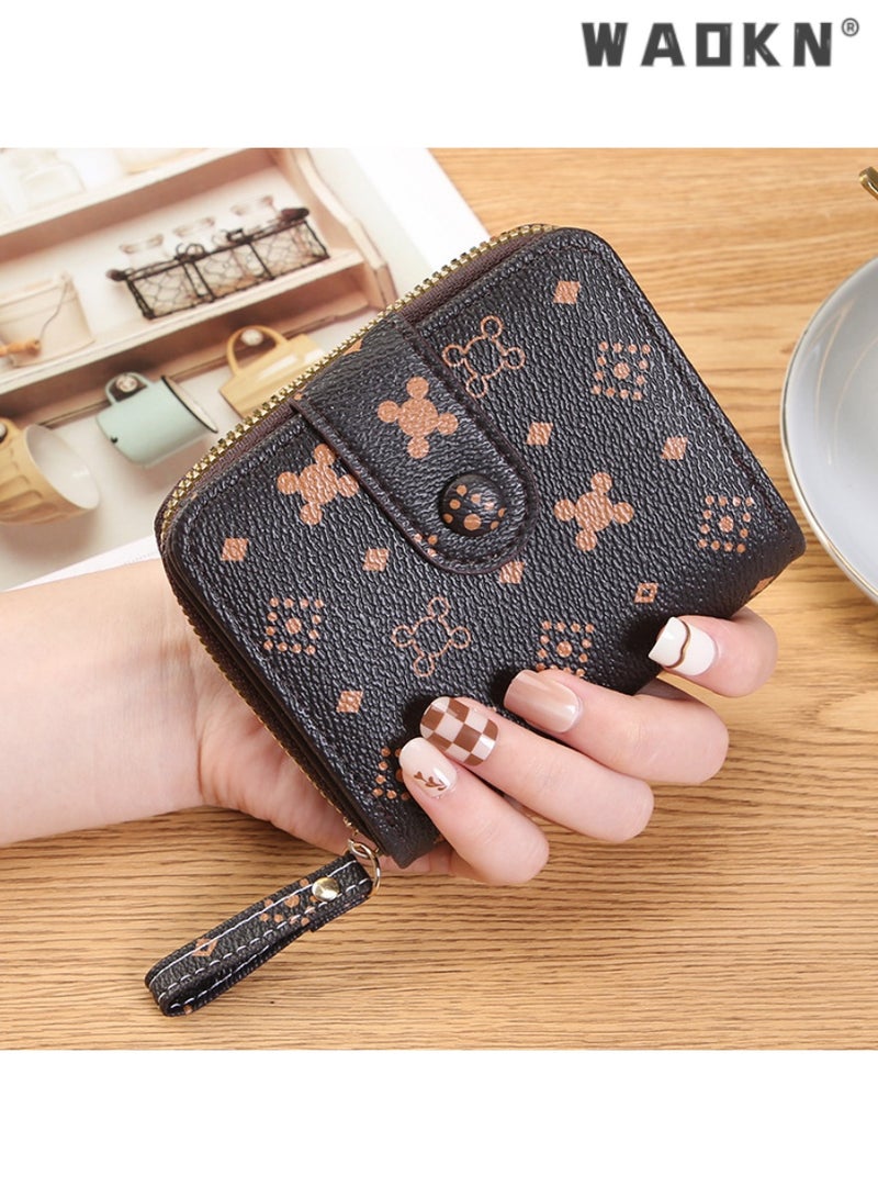 WAOKN Women's Versatile Short Zipper Wallet Highlighting Unique Temperament Business Card Holder, Compact Hand Fashion Element Coin Purse with Distinctive Pattern Design Leading the Trend（Dark Coffee ）  - Image 1