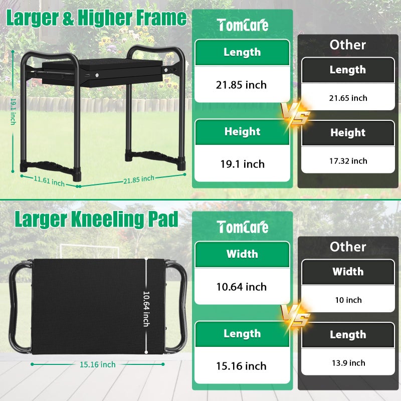 TomCare Garden Kneeler and Seat 10.64â€ Wider Larger Soft Kneeling Pad Garden Bench with 2 Large Tool Pouches Heavy Duty Garden Stool Foldable Tools Gardening Gifts for Women Men Gardeners,Black - Image 3