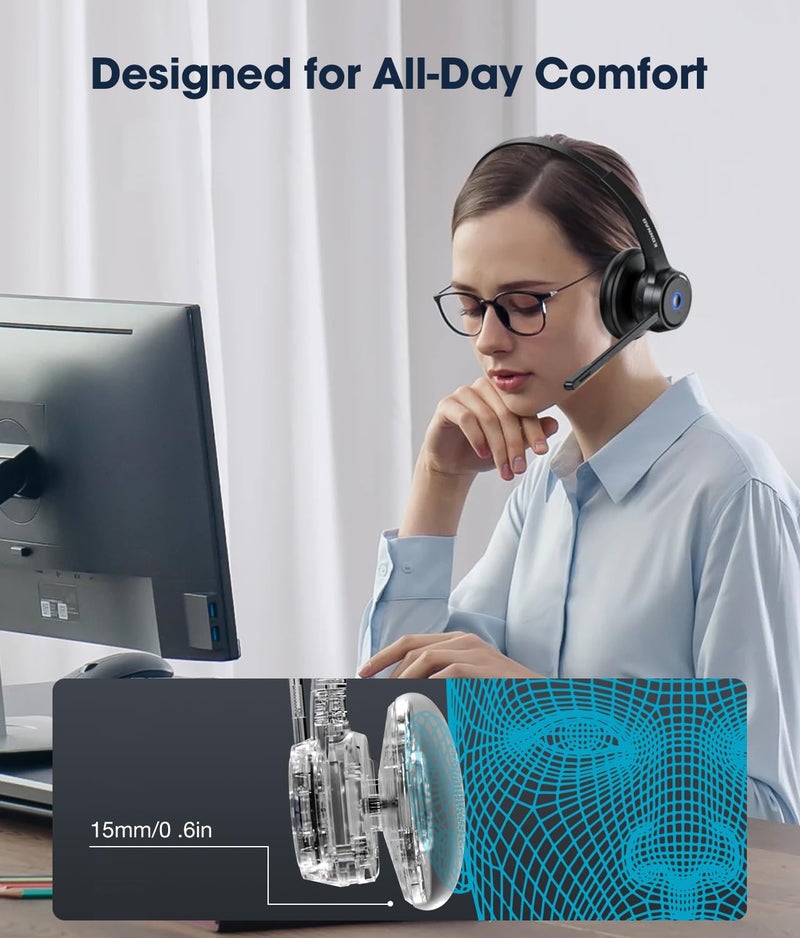 KONNAO Bluetooth Headset with AI Noise Cancelling Microphone, V5.3 Wireless Headphones with USB Dongle, Charging Station, Microphone Mute Switch, Wireless Headsets for Work - Image 2