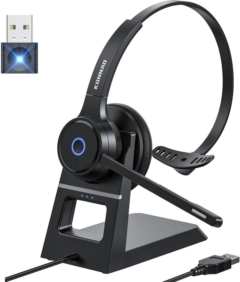 KONNAO Bluetooth Headset with AI Noise Cancelling Microphone, V5.3 Wireless Headphones with USB Dongle, Charging Station, Microphone Mute Switch, Wireless Headsets for Work - Image 1
