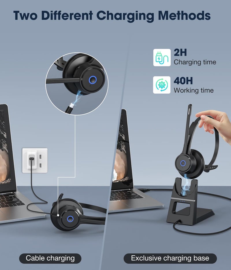 KONNAO Bluetooth Headset with AI Noise Cancelling Microphone, V5.3 Wireless Headphones with USB Dongle, Charging Station, Microphone Mute Switch, Wireless Headsets for Work - Image 3