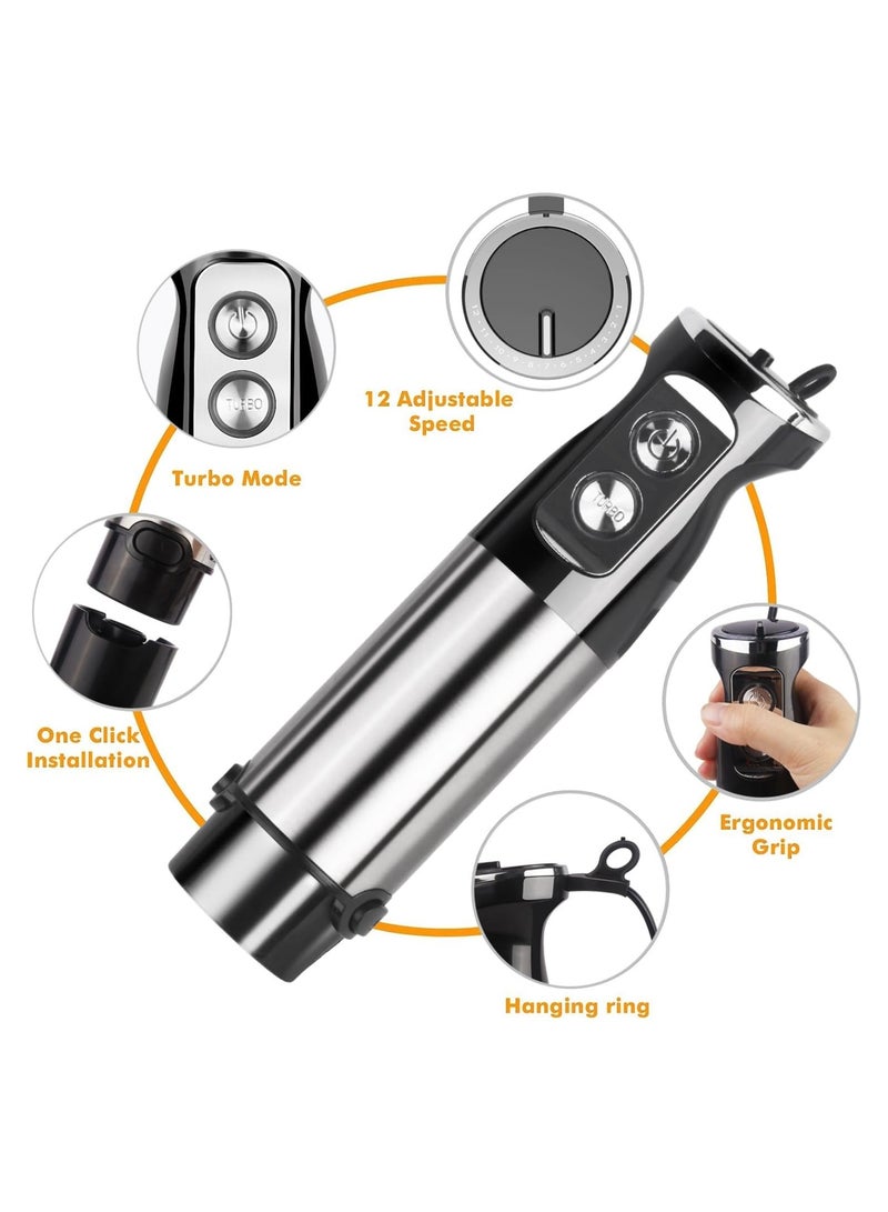 6 in 1 Hand Blender, 800W Electric Immersion Blender, 12-Speed Stainless Steel Hand Stick Blender with Egg Whisk, Milk Frother, 500ml Chopper Bowl,600ml Food Processor for Smoothies, Puree, Baby Food  - Image 3