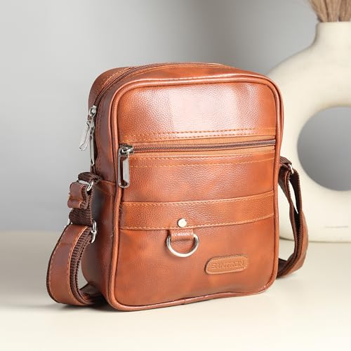 SAMTROH Men's Vegan Leather Small Sling Bag | Crossbody Chest Bag | Mini Travel Passport Sidebag with Adjustable and Comfortable Strap | Compact Sling for Men and Boys (Tan) - Image 2