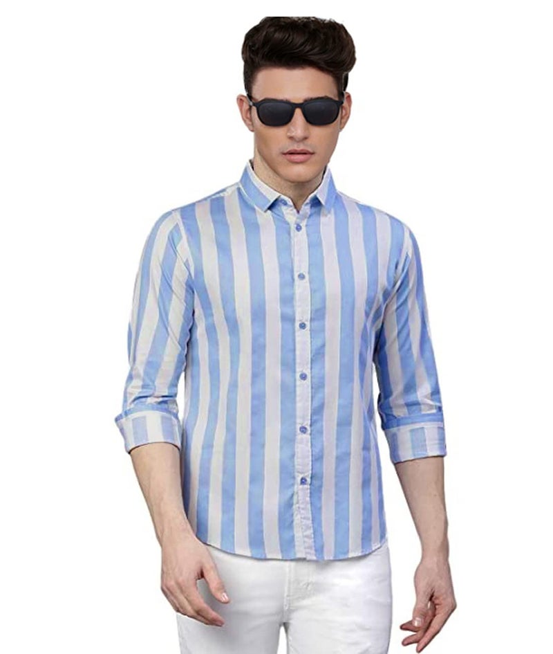 U TURN Slim Fit Casual Shirt for Men|| Latest Stylish Shirt || Printed Striped SkyBlue-White XL - Image 5