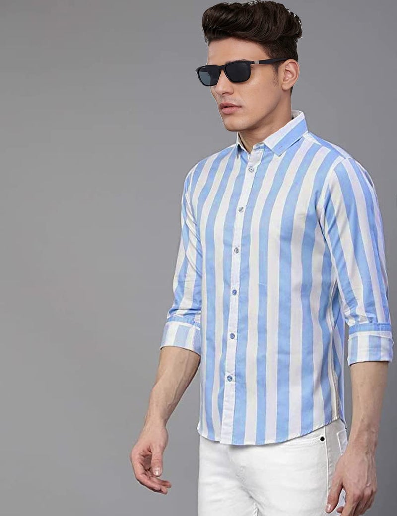 U TURN Slim Fit Casual Shirt for Men|| Latest Stylish Shirt || Printed Striped SkyBlue-White XL - Image 2