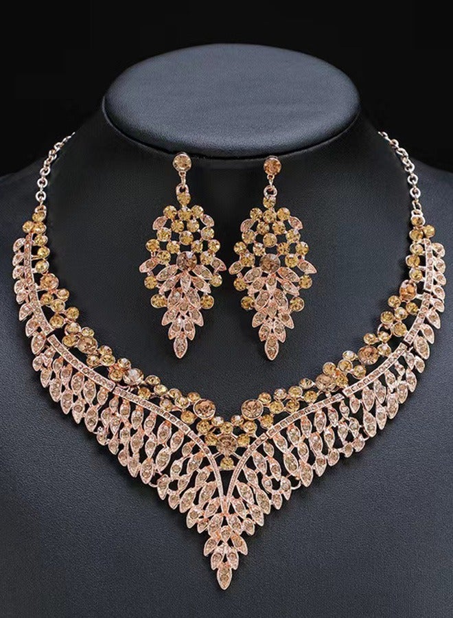 Clavicle Chain Vintage Exaggerated Gold Crystal Short Necklace Earrings Dinner Party Jewelry Set