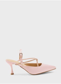 Diamante Crossed Strap Satin Pointed Pump