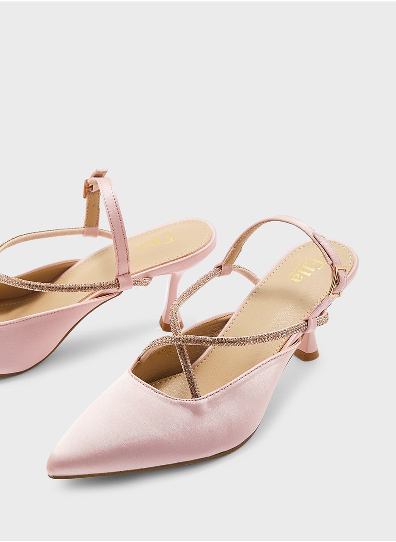 Ella Limited Edition - Diamante Crossed Strap Satin Pointed Pump - Image 1