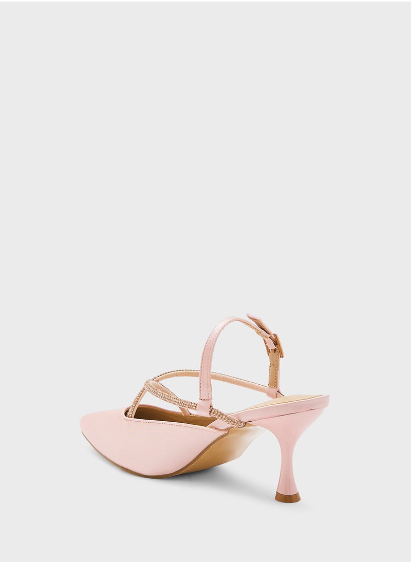 Ella Limited Edition - Diamante Crossed Strap Satin Pointed Pump - Image 1