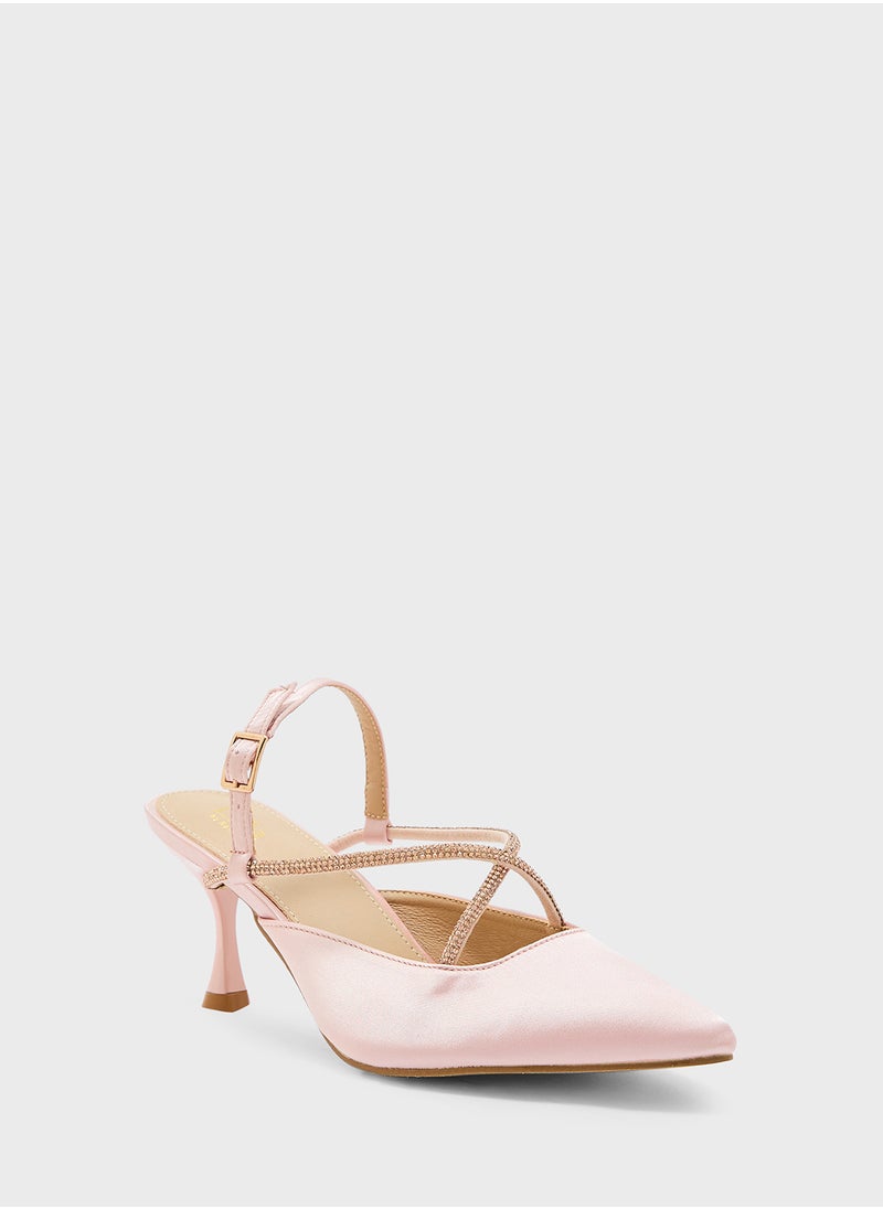 Ella Limited Edition - Diamante Crossed Strap Satin Pointed Pump - Image 1