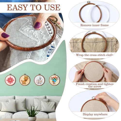 Burbell 15 Pcs 6 Inch Round Embroidery Hoops Frame Circle Spring Rubber Hoops Ring Display Cross Stitch Ornament Imitated Wood Frame Kits for Spring Gifts Mothers Day Craft Sewing DIY Hanging Gifts - Image 3