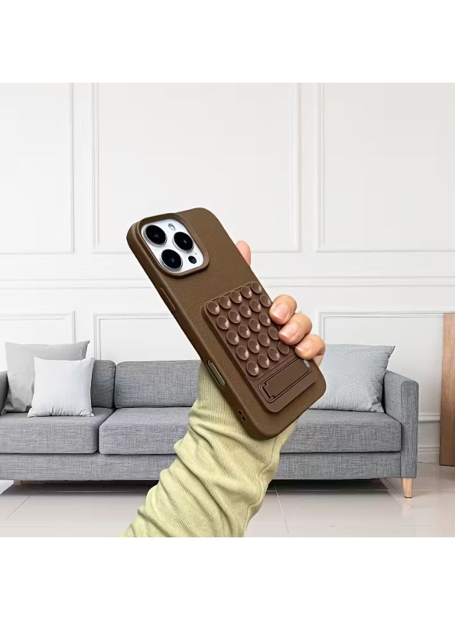 Temu 1 piece brown phone case with a foldable metal base, anti-slip design, soft and versatile, with suction cups on the back to secure the phone, compatible with iPhone 15 Pro Max