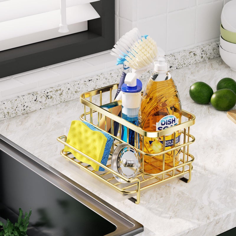 HapiRm Multifunctional Kitchen Sink Organizer with Removable Drain Tray, Quick Draining Rustproof Sink Caddy, Stainless Steel Kitchen Sponge Holder for Holds Sponge, Cleaning Towel and Scrubber - Gold - Image 2
