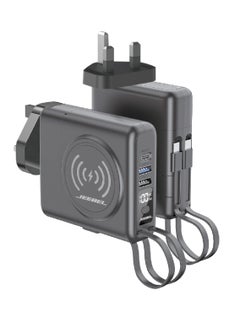 A versatile 10,000 mAh wireless power bank equipped with a wall charger, a Type-C cable, a Lightning cable, two USB ports, and a PD port.