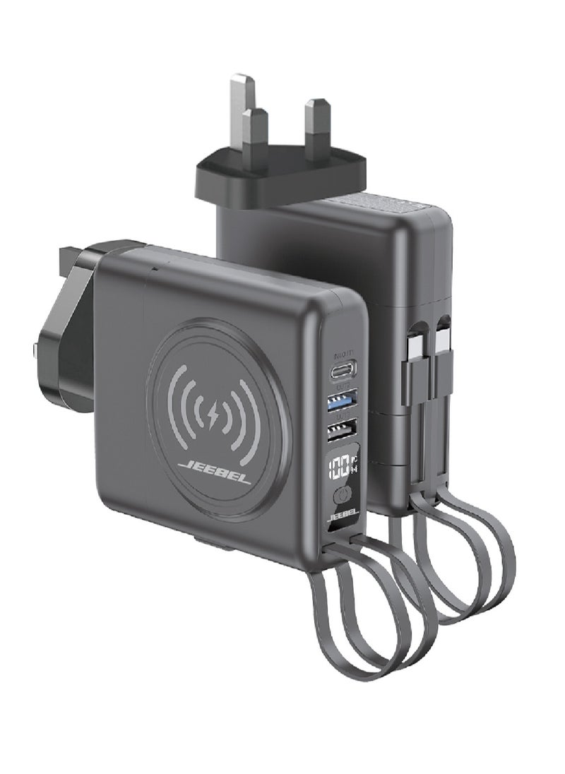 Jeebel - A versatile 10,000 mAh wireless power bank equipped with a wall charger, a Type-C cable, a Lightning cable, two USB ports, and a PD port. - Image 1