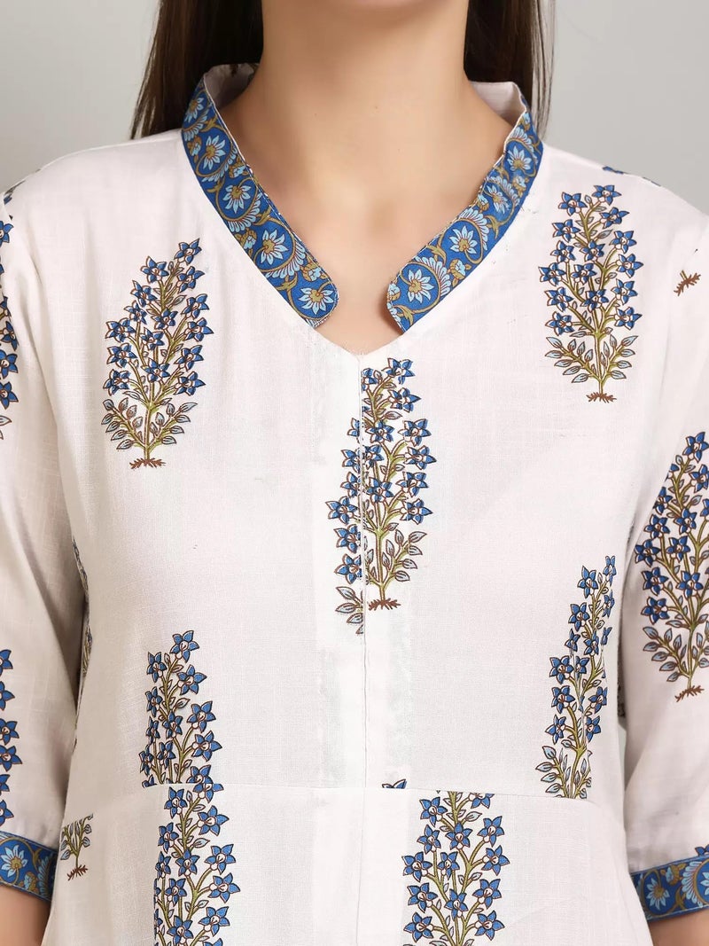 Tee Projekt Women's Cotton Blend Collared Neck Block Printed Kurta Pant with Dupatta Set White - Image 2